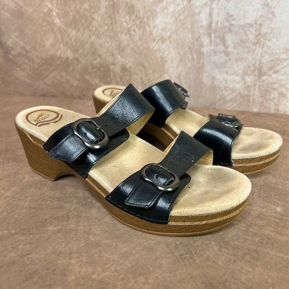 Dansko Mini Wedge Platform Sandals Black Straps Accent Buckle  Summer Beach Euro